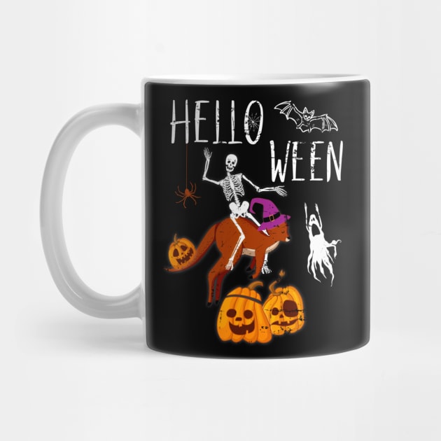 Hello Ween Skeleton Riding Kangaroo Halloween Funny by alcoshirts